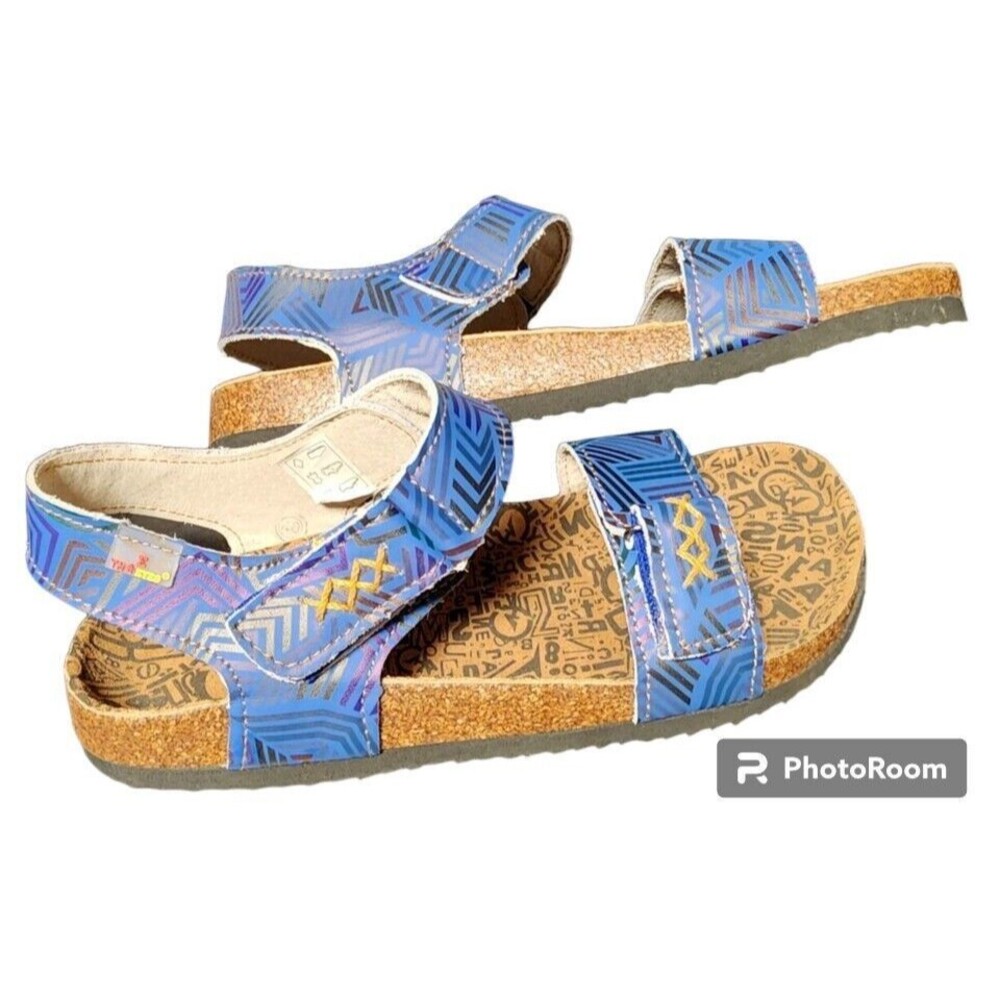 TMA EYES Leather Sandals Size EU 40 US 9 Made in London Boho Hippie Blue